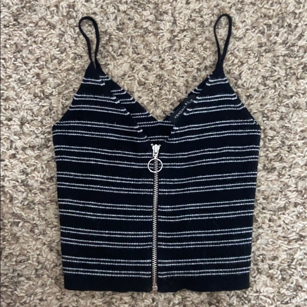 Kendall & Kylie Striped Zip front Crop Top